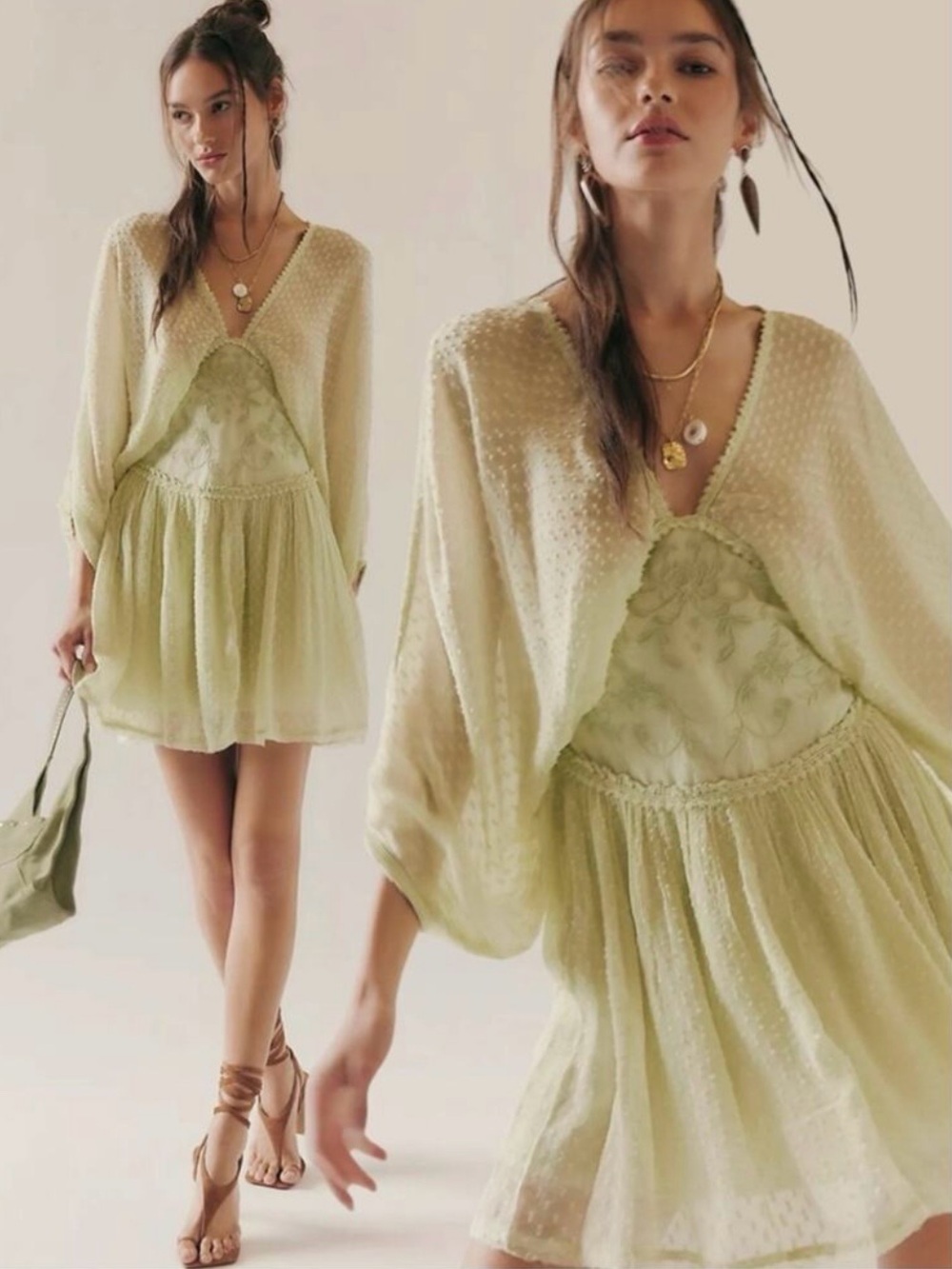 Free People Bohemian Ethereal Cottage Sweet Dreams Mini Dress Frozen Dew Medium